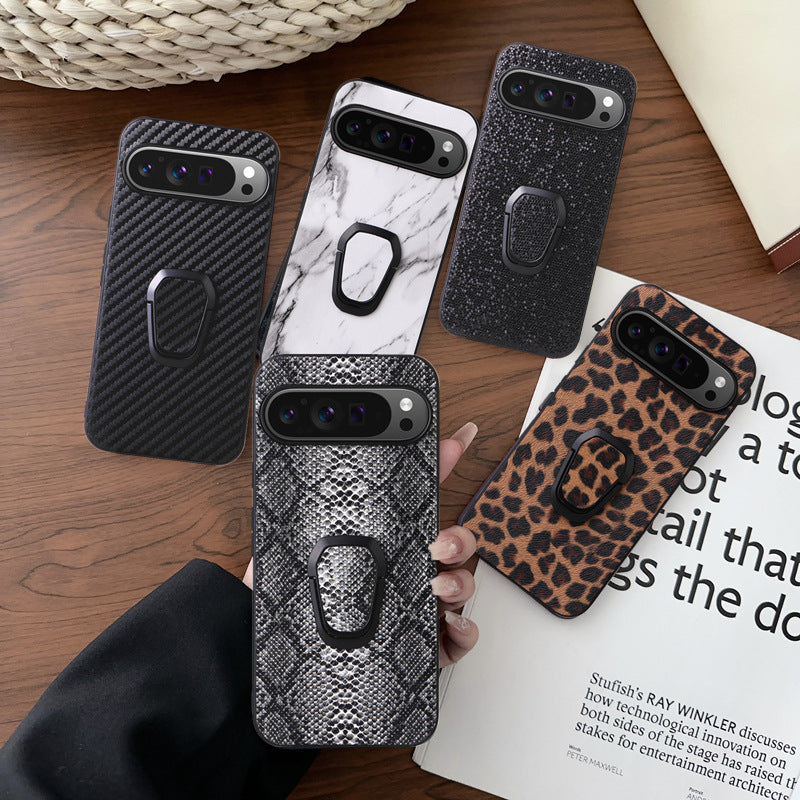 Magnetic leather phone case with leopard print design