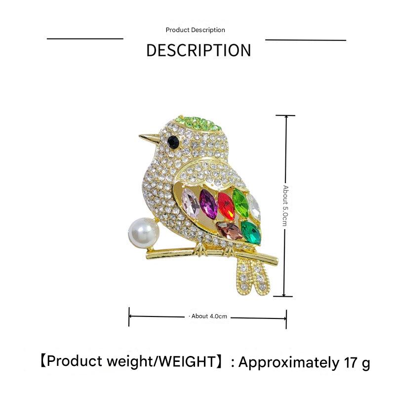 Colorful Feathered Bird Brooch on display
