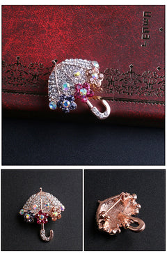Elegant Rhinestone Umbrella Brooch front view