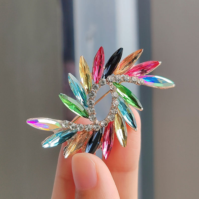 Close-up of crystal floral brooch