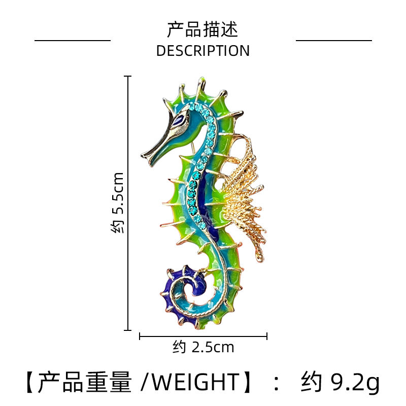 Seahorse Enamel Brooch on stylish outfit
