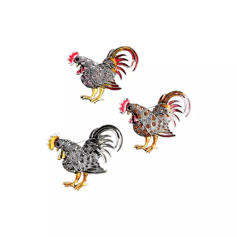 Fashion model showcasing purple rooster brooch