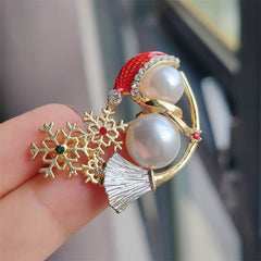 Cute Christmas Pearl Snowman Brooch on a sweater