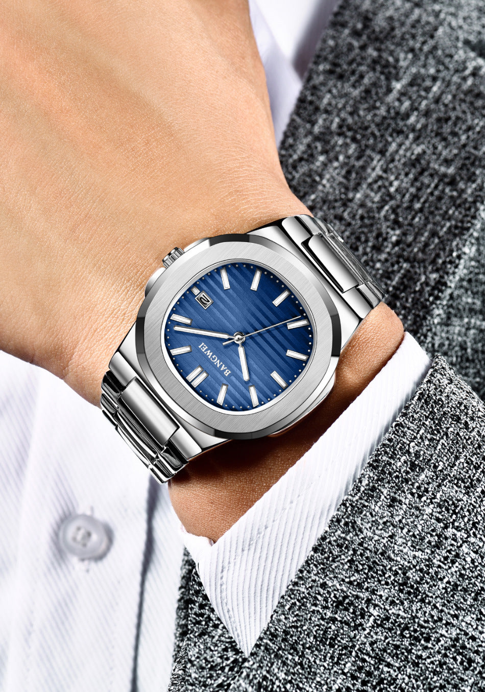 Luxury Quartz Men's Watch in Silver-Blue Colour