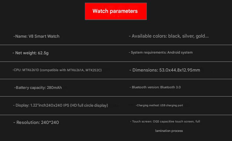 V8 Smart Watch wristband in various colours