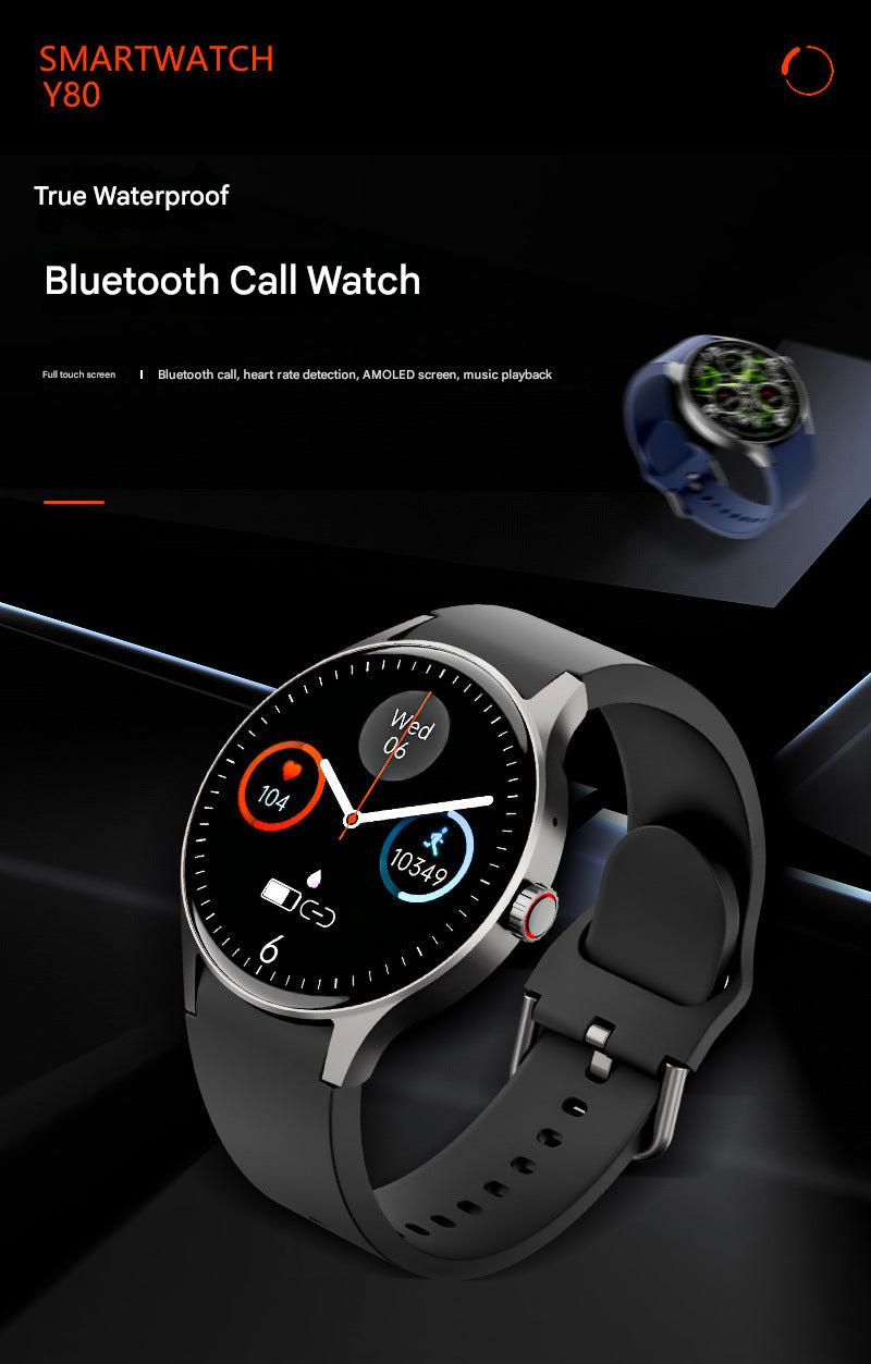 Smartwatch in blue showcasing fitness data