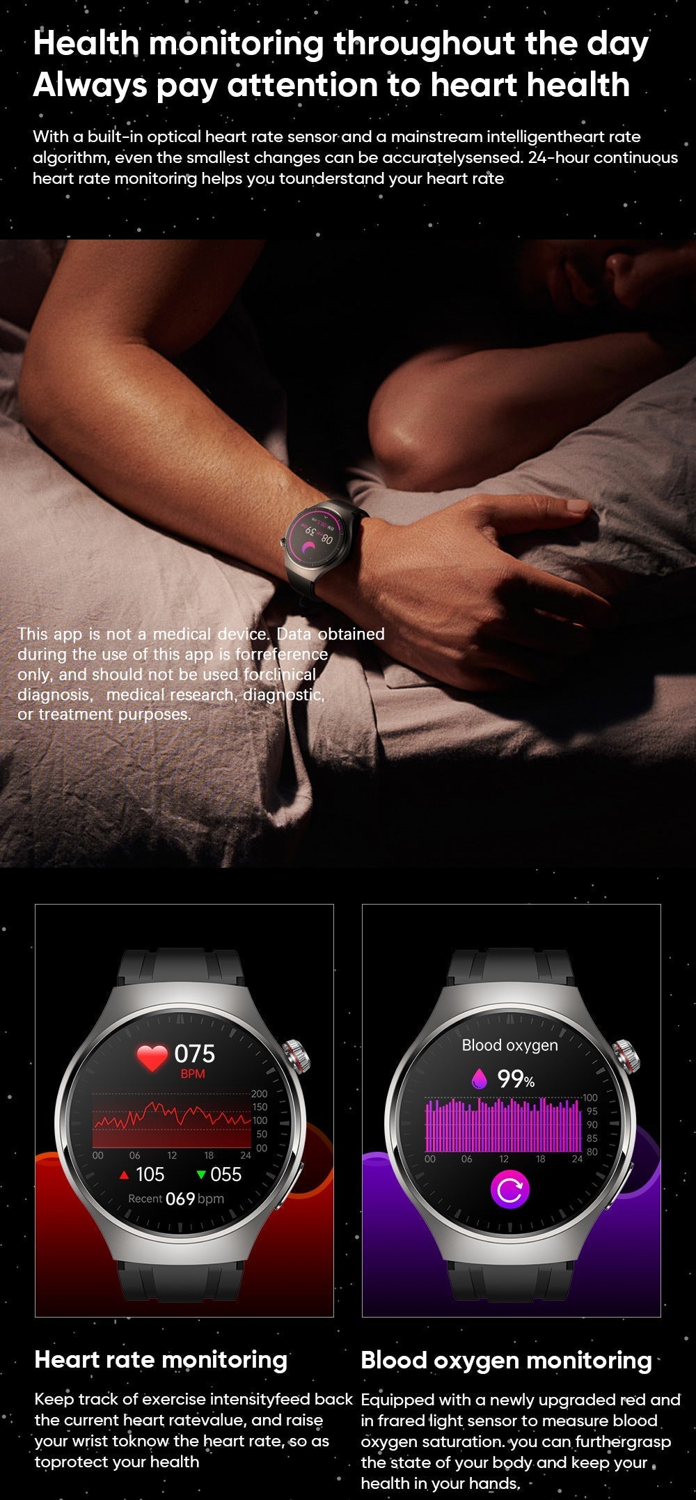 LIGE smartwatch showing heart rate monitor
