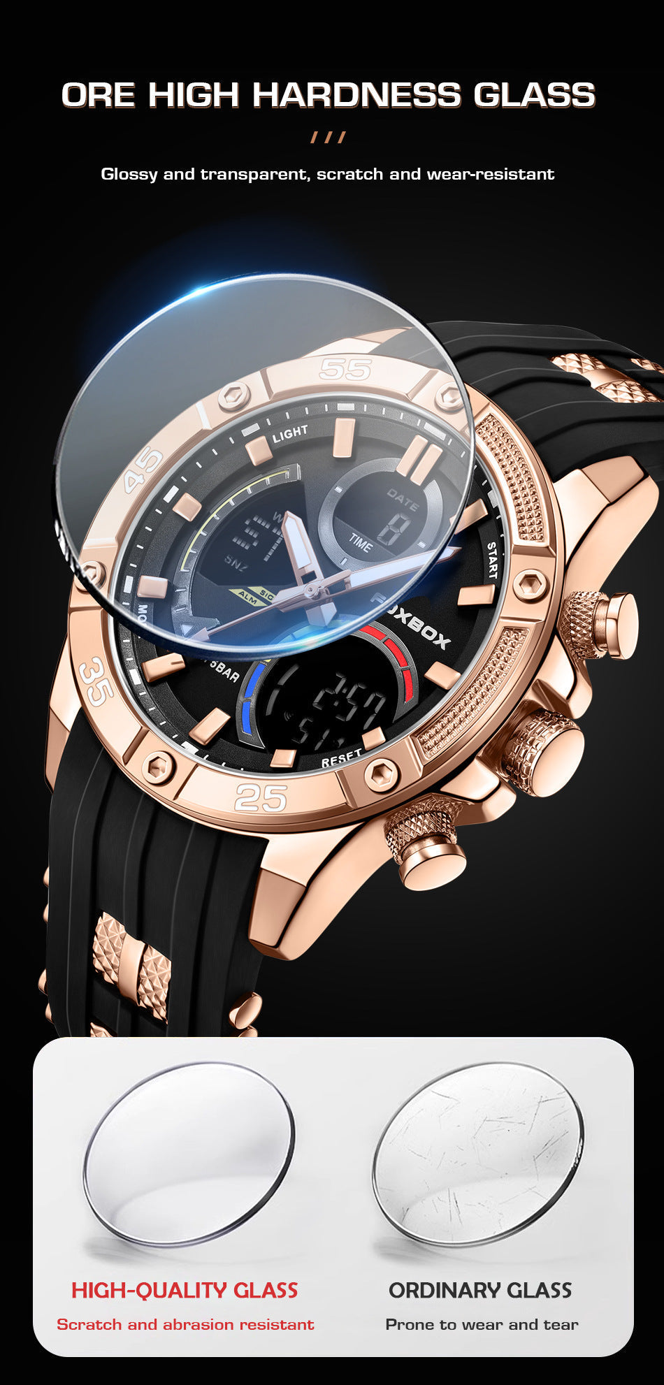 Stylish black-red sports watch for outdoor use
