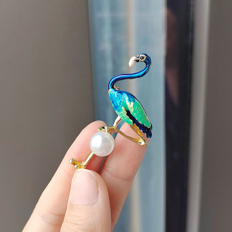 Charming Enamel Flamingo Pearl Brooch side view