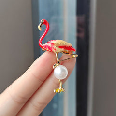 Charming Enamel Flamingo Pearl Brooch detailed close-up