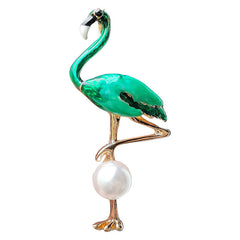 Charming Enamel Flamingo Pearl Brooch with rhinestones