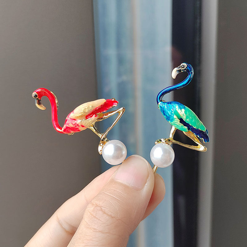 Charming Enamel Flamingo Pearl Brooch on a model