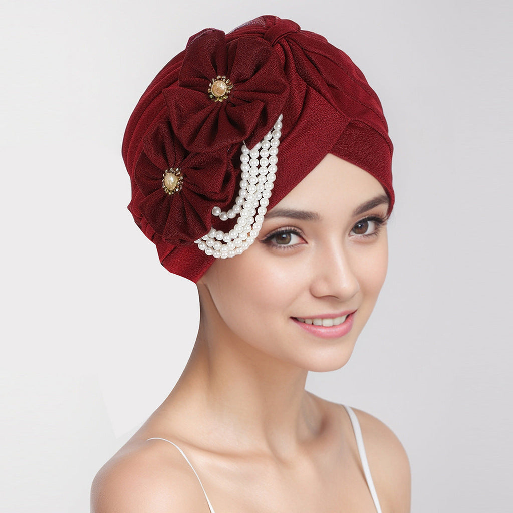 Stylish floral pearl accessory hijab cap in white