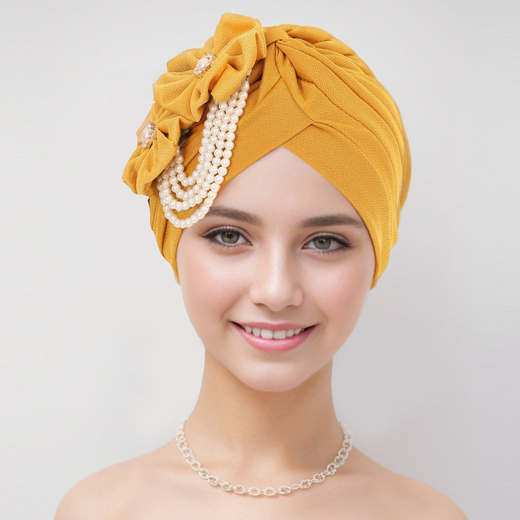 Stylish floral pearl accessory hijab cap in white