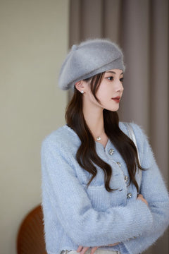 Rabbit fur beret hat close-up view showcasing its elegance