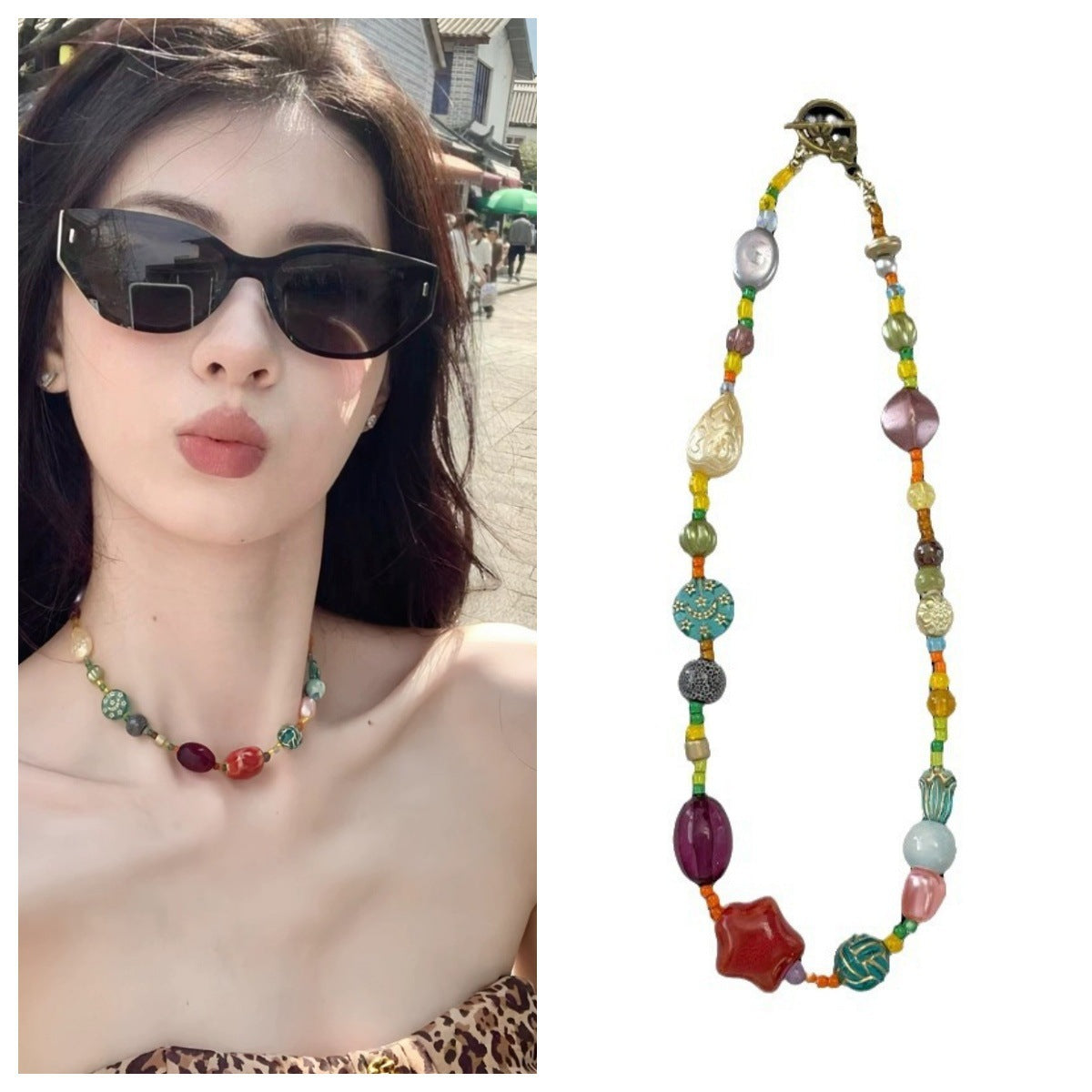 model wearing colourful floral necklace