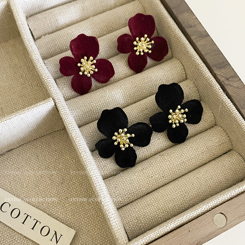 Stylish Velvet Floral Earrings displayed in a box