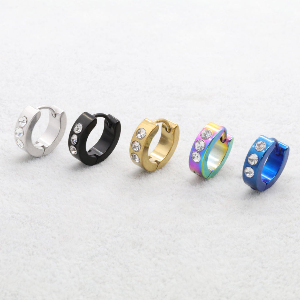 Chic unisex stainless steel hoop earrings with three stones