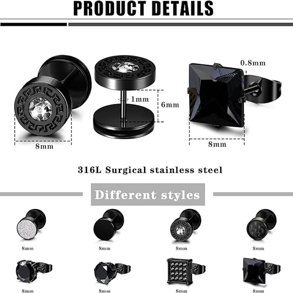 Black stainless steel earrings set for men and women