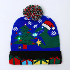family wearing colourful winter beanie hats