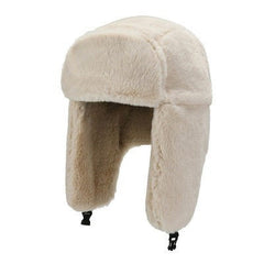 Model wearing fashionable winter earflap hat