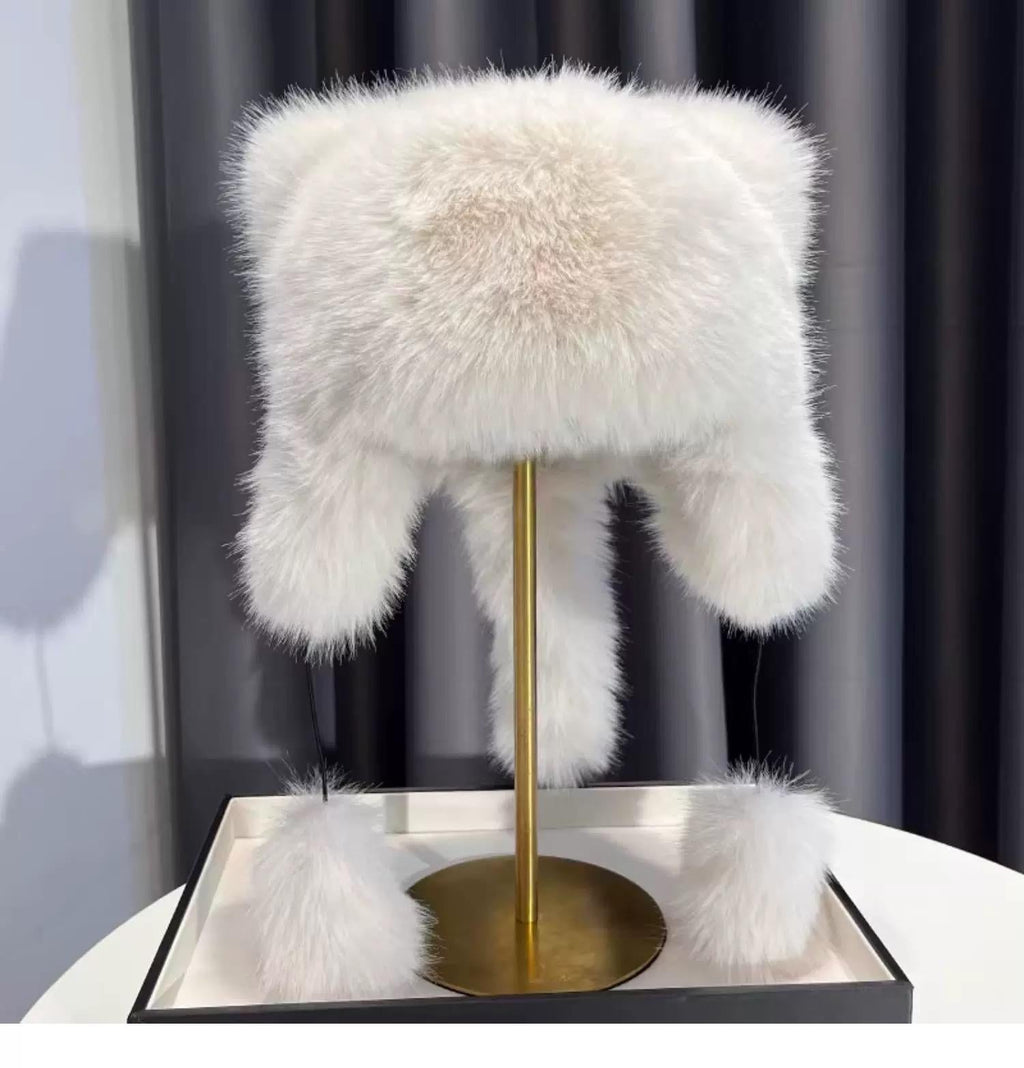 Cute plush winter hat with bear ears hanging display