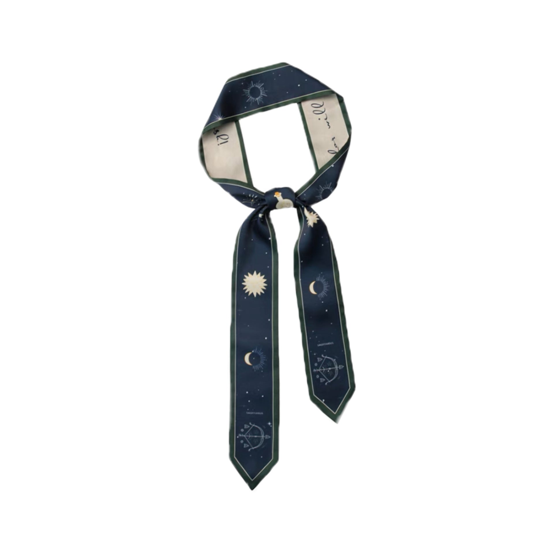 Zodiac silk scarf styled around a handbag